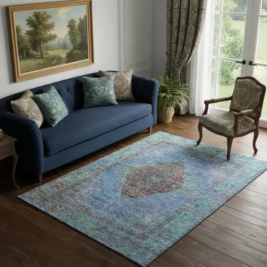 Blue And Rust Medallion Washable Area Rug With UV Protection Photo 2
