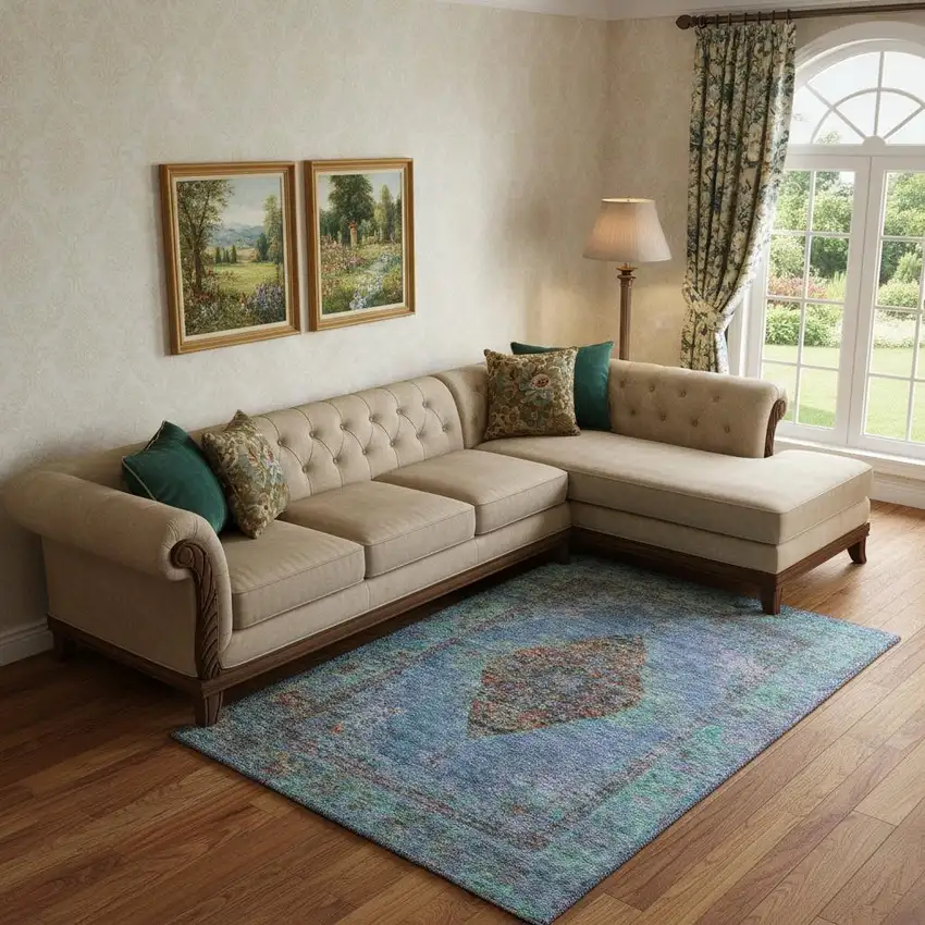 Blue And Rust Medallion Washable Area Rug With UV Protection Photo 2