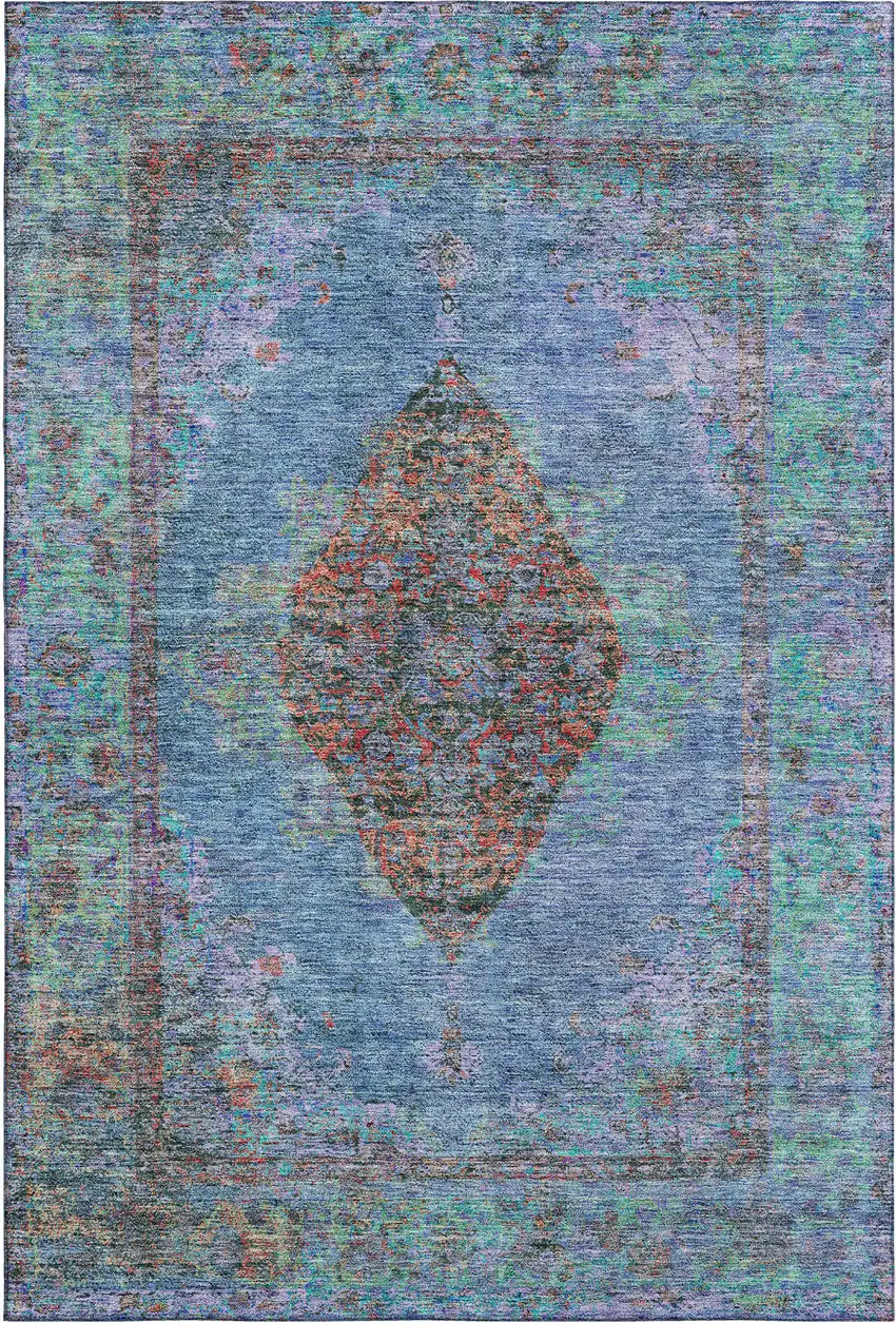 Blue And Rust Medallion Washable Area Rug With UV Protection Photo 1