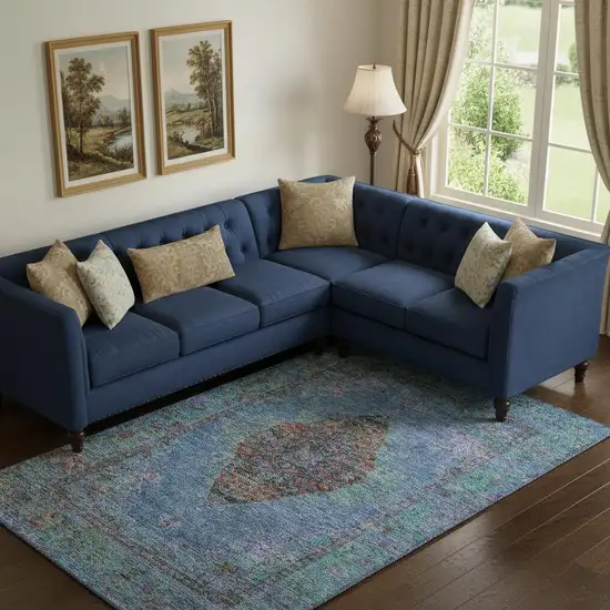 Blue And Rust Medallion Washable Area Rug With UV Protection Photo 2