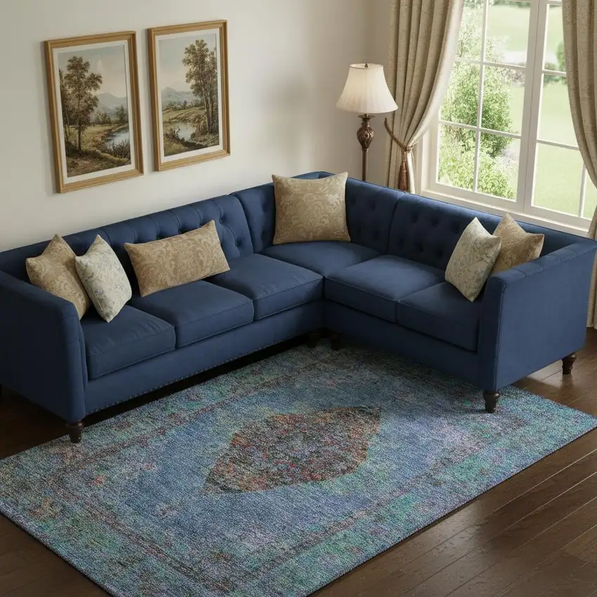 Blue And Rust Medallion Washable Area Rug With UV Protection Photo 2