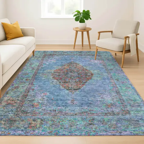 Blue And Rust Medallion Washable Area Rug With UV Protection Photo 6