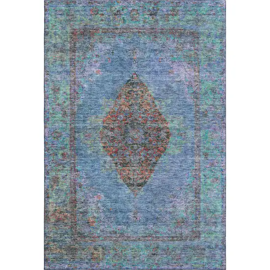Blue And Rust Medallion Washable Area Rug With UV Protection Photo 1