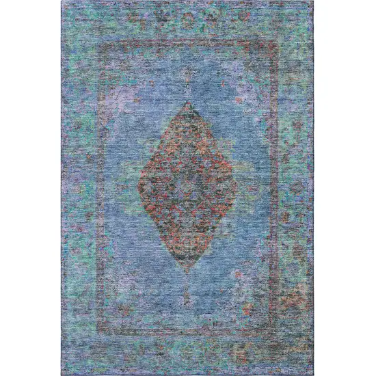 Blue And Rust Medallion Washable Area Rug With UV Protection Photo 4