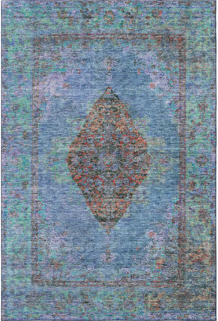 Blue And Rust Medallion Washable Area Rug With UV Protection Photo 4