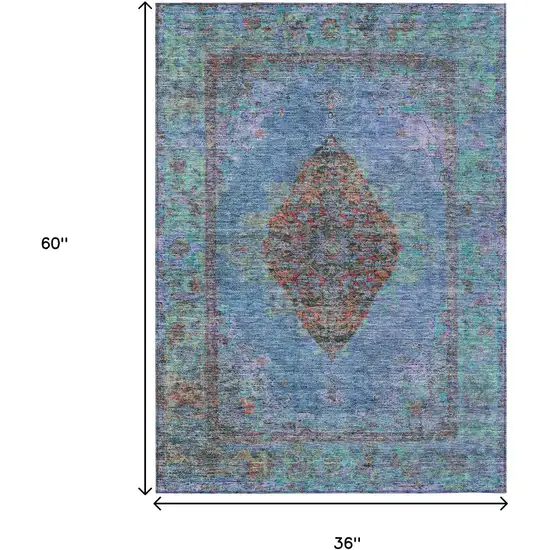 Blue And Rust Medallion Washable Indoor Outdoor Area Rug Photo 9