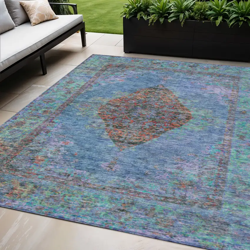 Blue And Rust Medallion Washable Indoor Outdoor Area Rug Photo 2