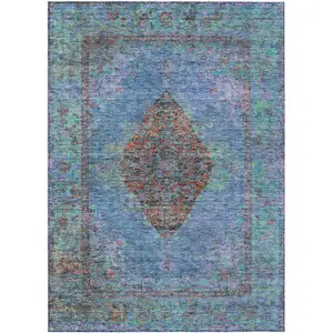 Photo of Blue And Rust Medallion Washable Indoor Outdoor Area Rug