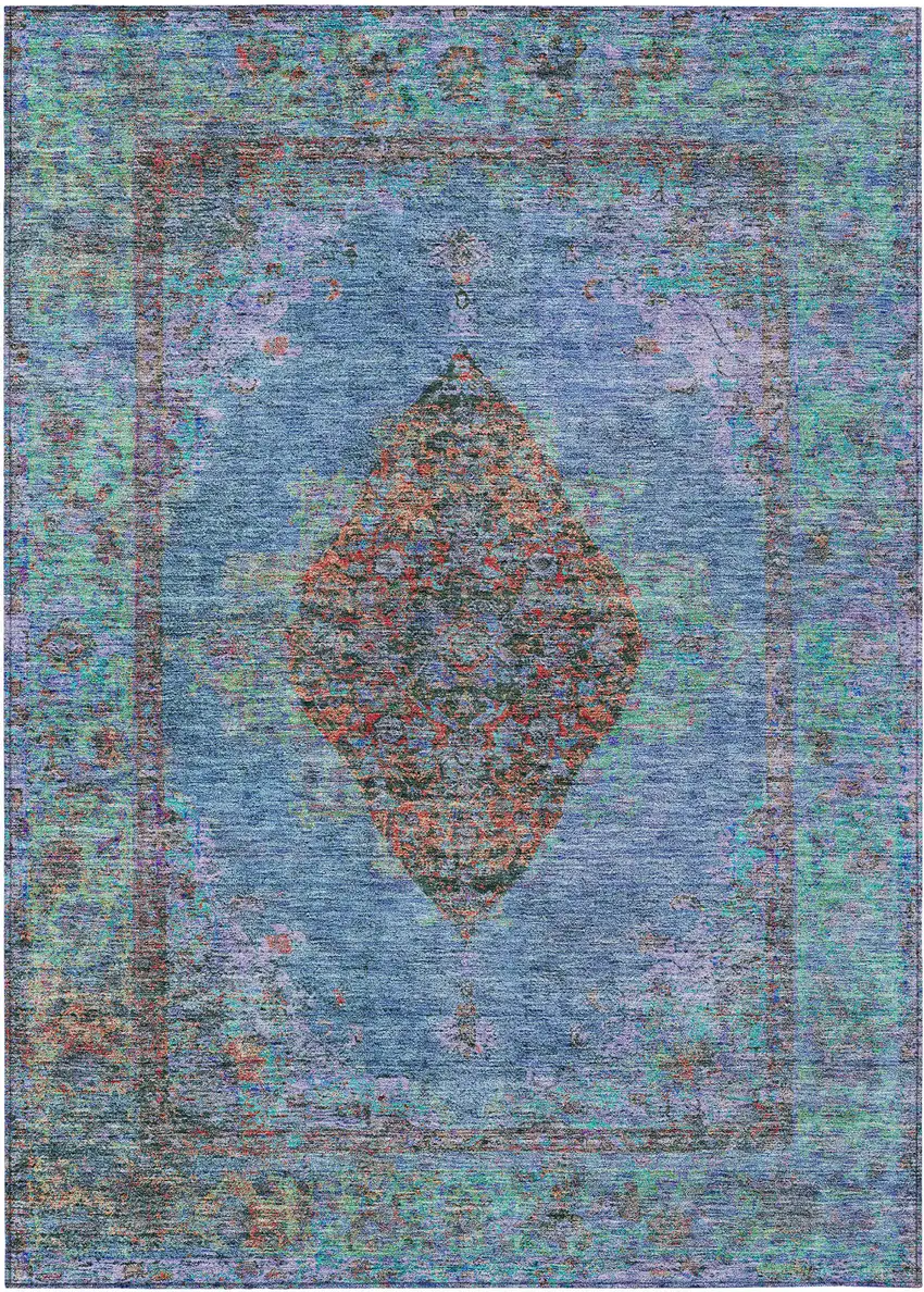 Blue And Rust Medallion Washable Indoor Outdoor Area Rug Photo 1