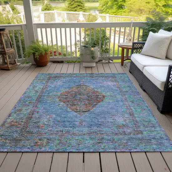Blue And Rust Medallion Washable Indoor Outdoor Area Rug Photo 8