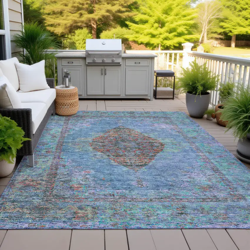 Blue And Rust Medallion Washable Indoor Outdoor Area Rug Photo 5