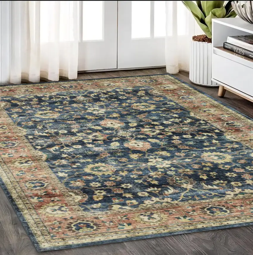 Blue And Rust Oriental Distressed Area Rug Photo 1