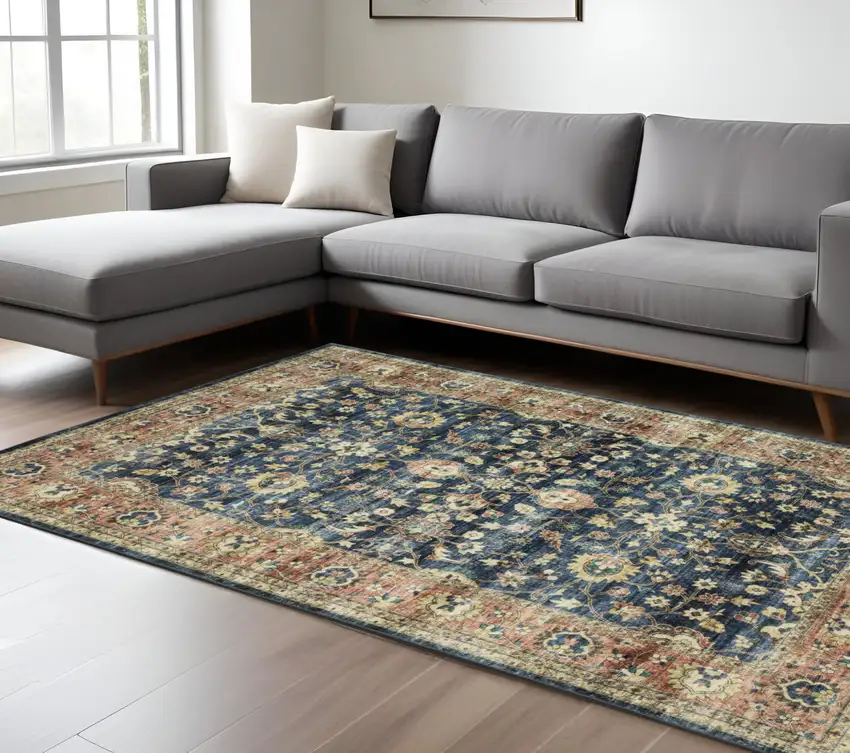 Blue And Rust Oriental Distressed Area Rug Photo 1