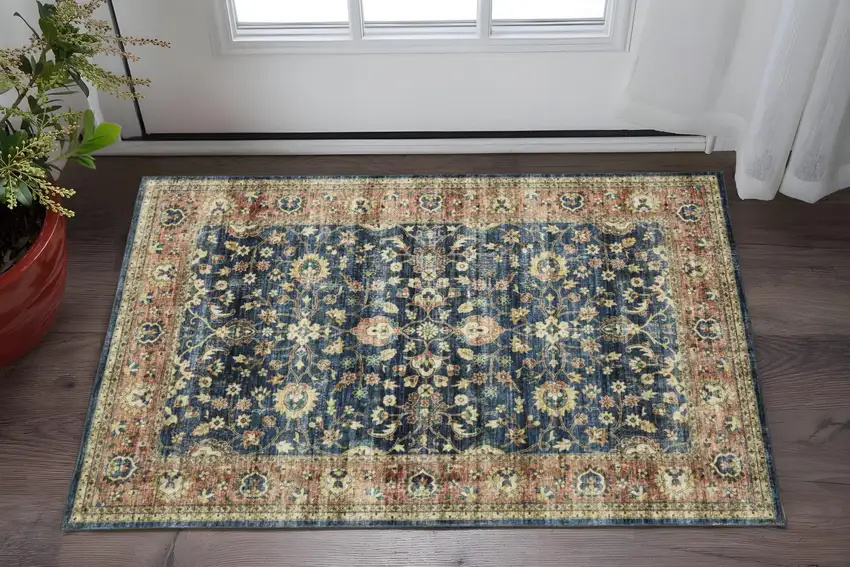 Blue And Rust Oriental Distressed Area Rug Photo 1