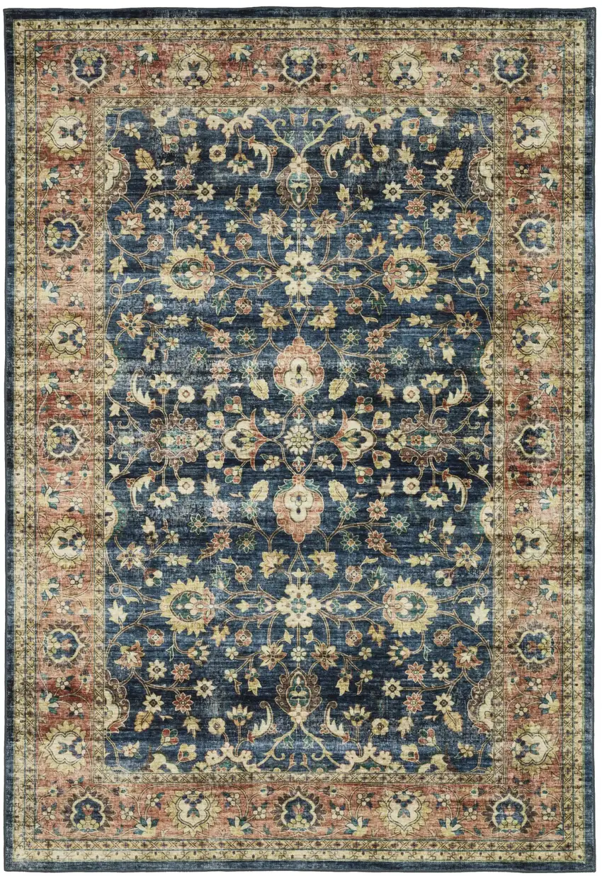 Blue And Rust Oriental Distressed Area Rug Photo 2