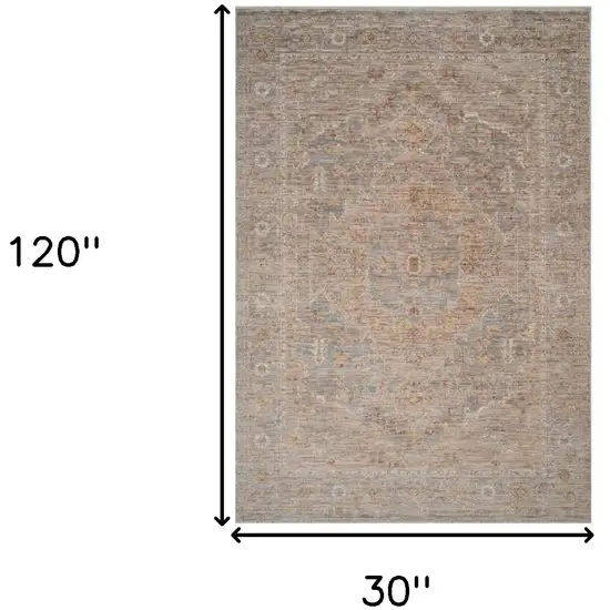 Blue And Sand Floral Medallion Runner Rug With Fringe Photo 3