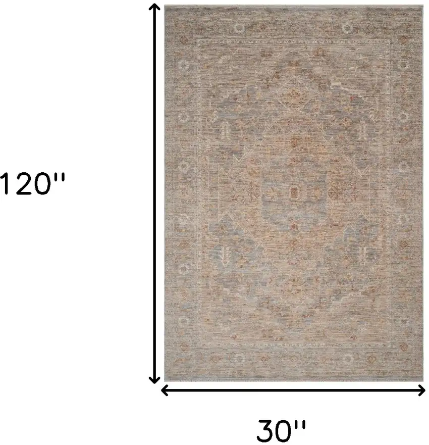 Blue And Sand Floral Medallion Runner Rug With Fringe Photo 3