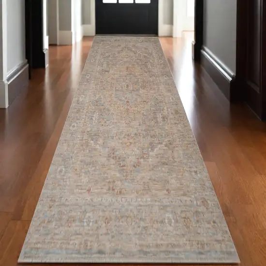 Blue And Sand Floral Medallion Runner Rug With Fringe Photo 1