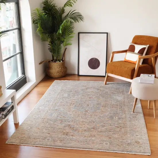 Blue And Sand Floral Medallion Runner Rug With Fringe Photo 9