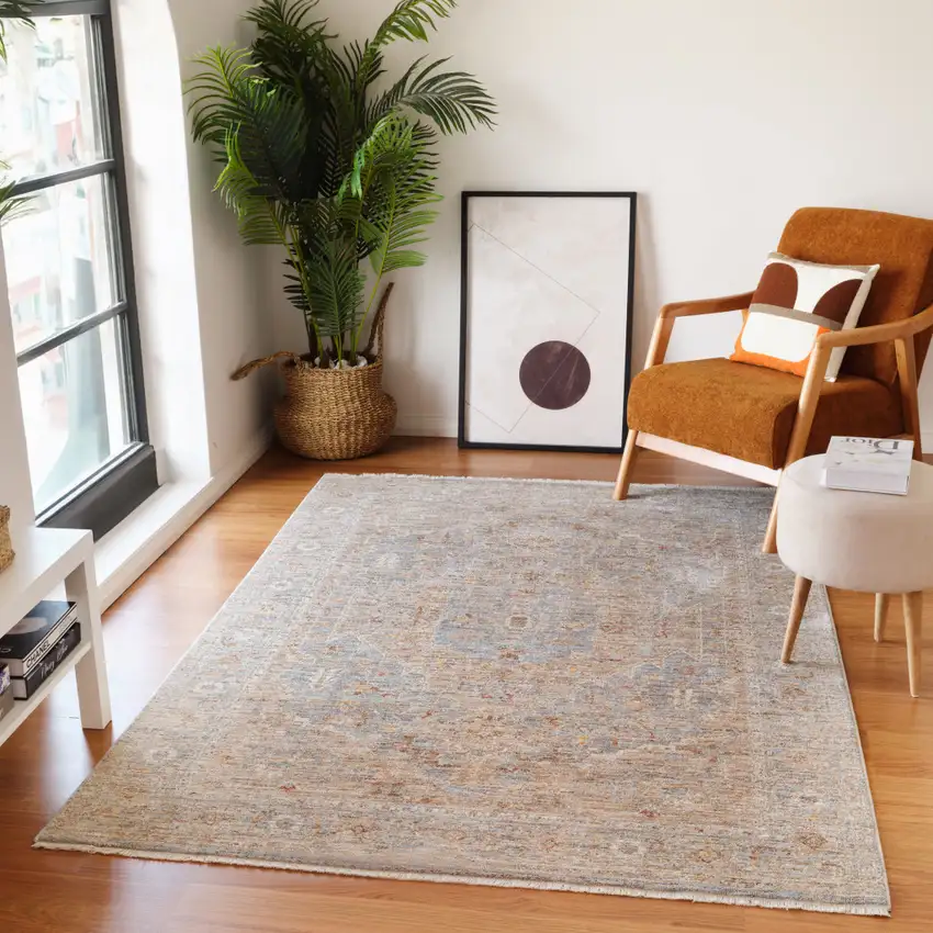 Blue And Sand Floral Medallion Runner Rug With Fringe Photo 9