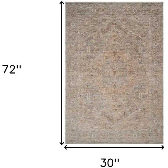 Blue And Sand Floral Medallion Runner Rug With Fringe Photo 3