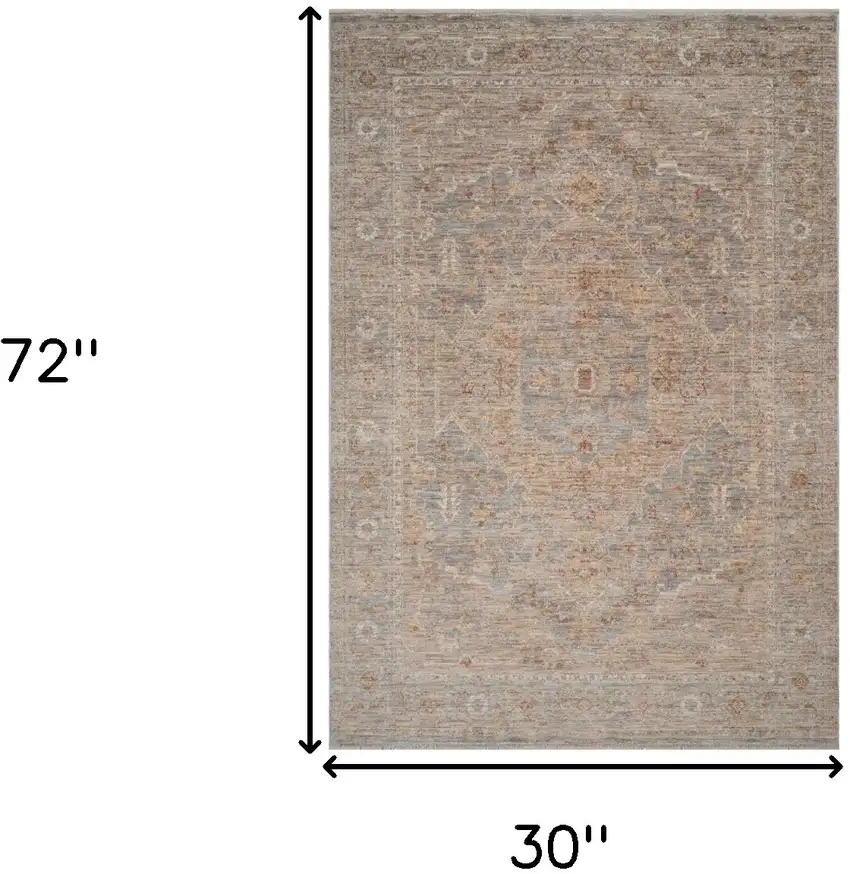 Blue And Sand Floral Medallion Runner Rug With Fringe Photo 3