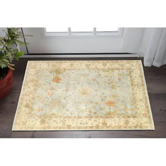 Blue And Sand Wool Oriental Hand Knotted Area Rug Photo 1