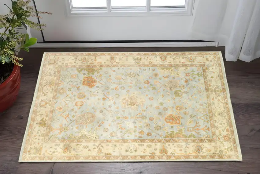 Blue And Sand Wool Oriental Hand Knotted Area Rug Photo 1