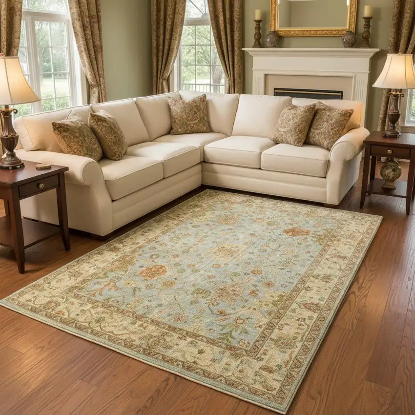 Blue And Sand Wool Oriental Hand Knotted Area Rug Photo 1