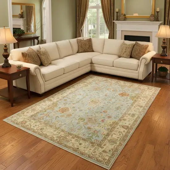 Blue And Sand Wool Oriental Hand Knotted Area Rug Photo 1