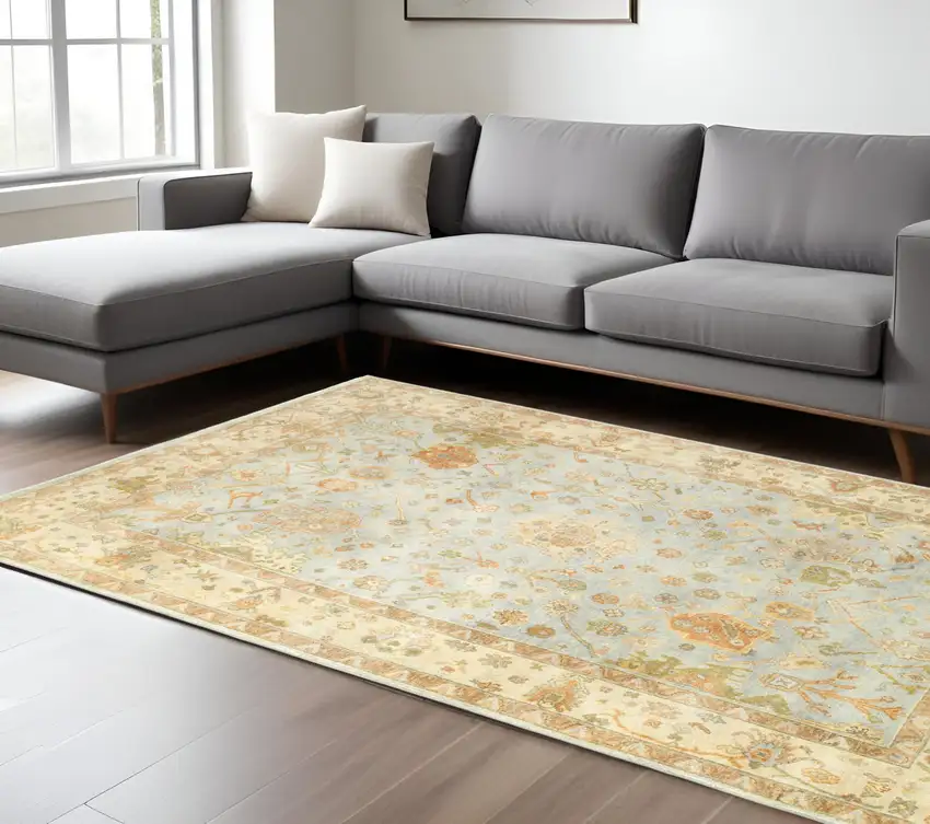 Blue And Sand Wool Oriental Hand Knotted Area Rug Photo 1
