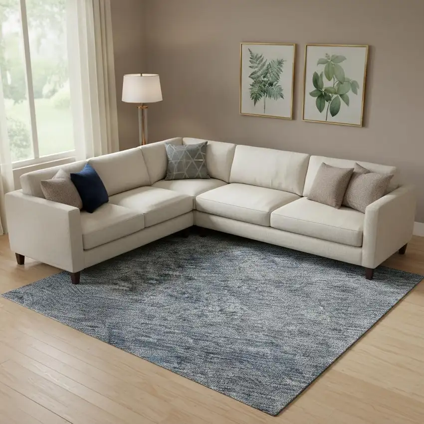 Blue And Silver Abstract Washable Area Rug With UV Protection Photo 2