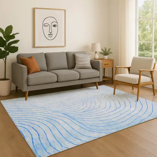Blue And Silver Abstract Washable Area Rug With UV Protection Photo 5