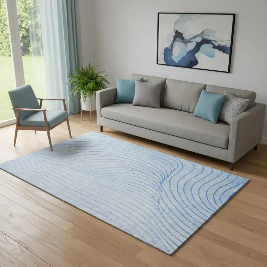 Blue And Silver Abstract Washable Area Rug With UV Protection Photo 2