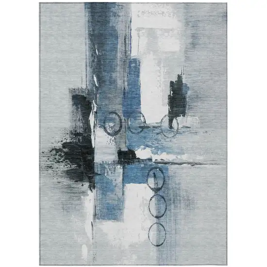 Blue And Silver Abstract Washable Indoor Outdoor Area Rug Photo 2