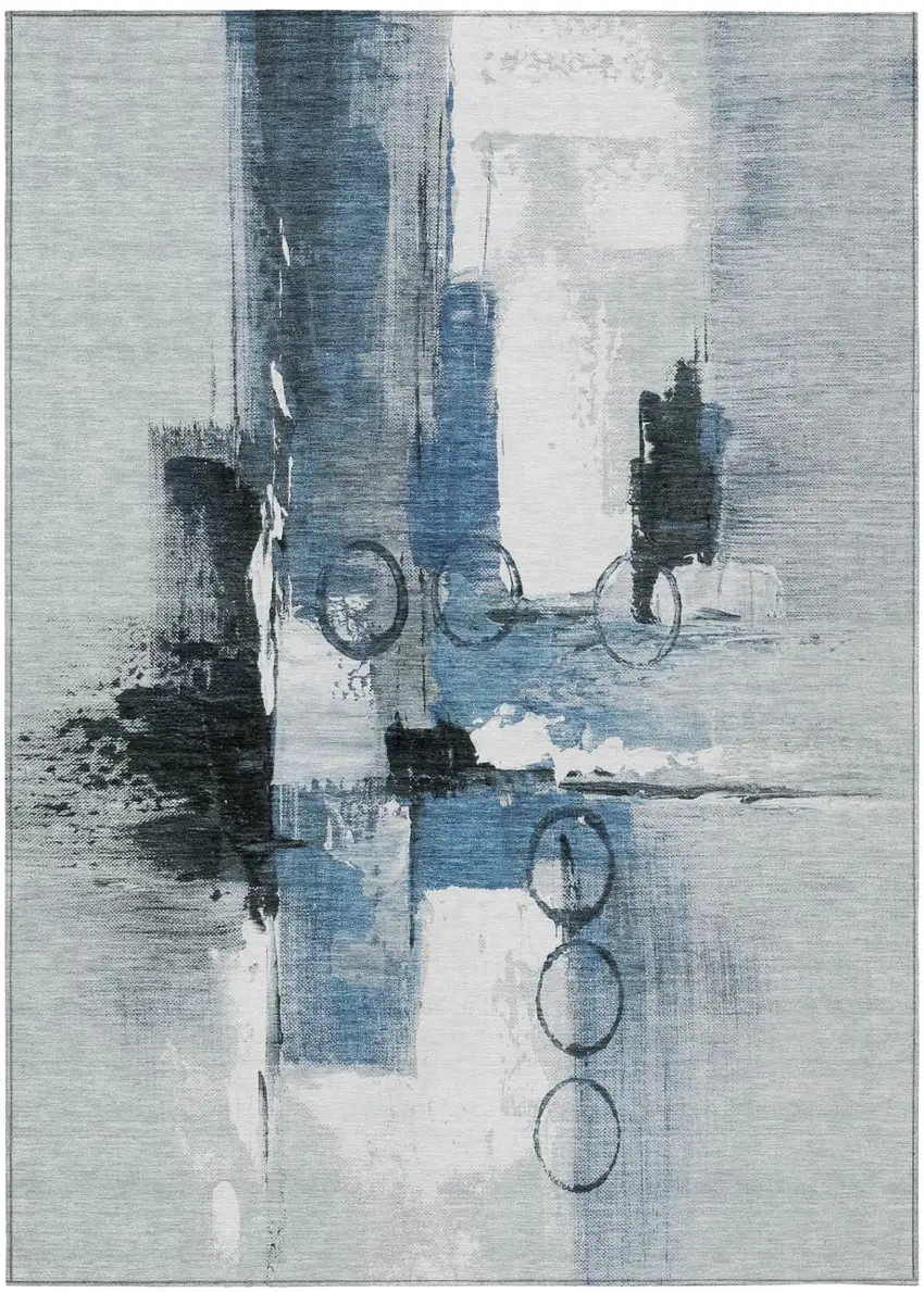 Blue And Silver Abstract Washable Indoor Outdoor Area Rug Photo 2