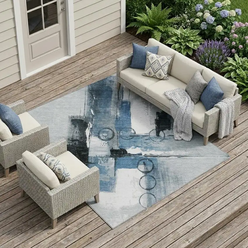 Blue And Silver Abstract Washable Indoor Outdoor Area Rug Photo 1
