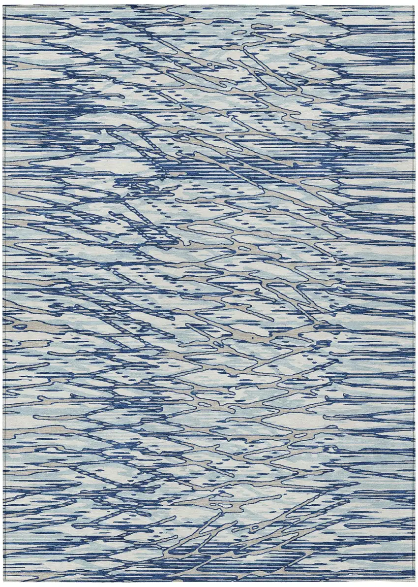 Blue And Silver Abstract Washable Indoor Outdoor Area Rug Photo 2