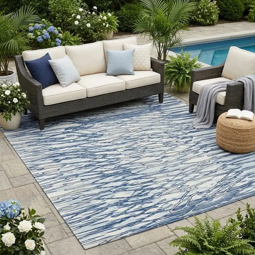 Blue And Silver Abstract Washable Indoor Outdoor Area Rug Photo 1
