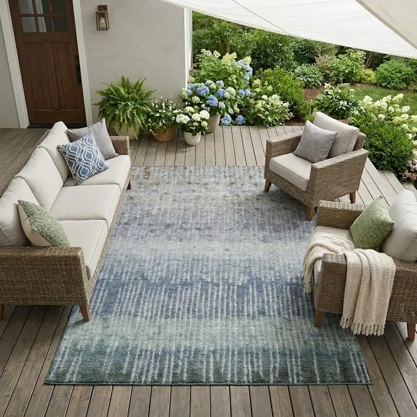 Blue And Silver Abstract Washable Indoor Outdoor Area Rug Photo 1