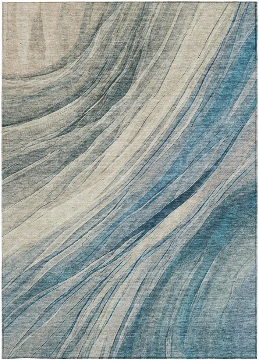Blue And Silver Abstract Washable Indoor Outdoor Area Rug Photo 2