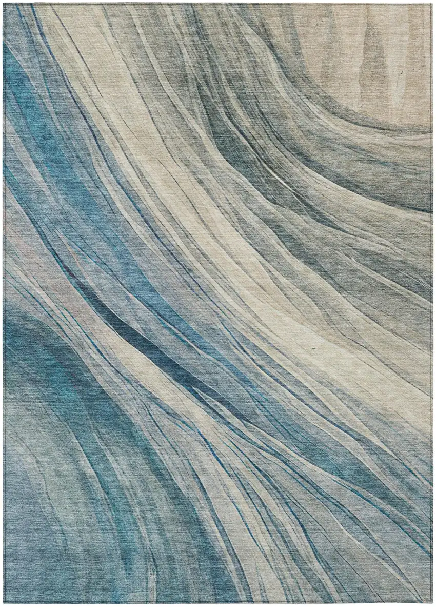 Blue And Silver Abstract Washable Indoor Outdoor Area Rug Photo 3