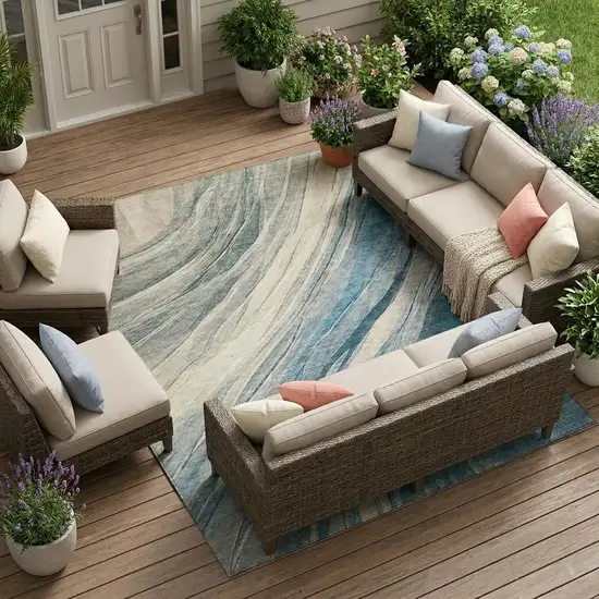 Blue And Silver Abstract Washable Indoor Outdoor Area Rug Photo 1