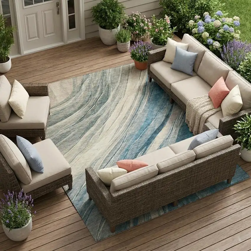 Blue And Silver Abstract Washable Indoor Outdoor Area Rug Photo 1