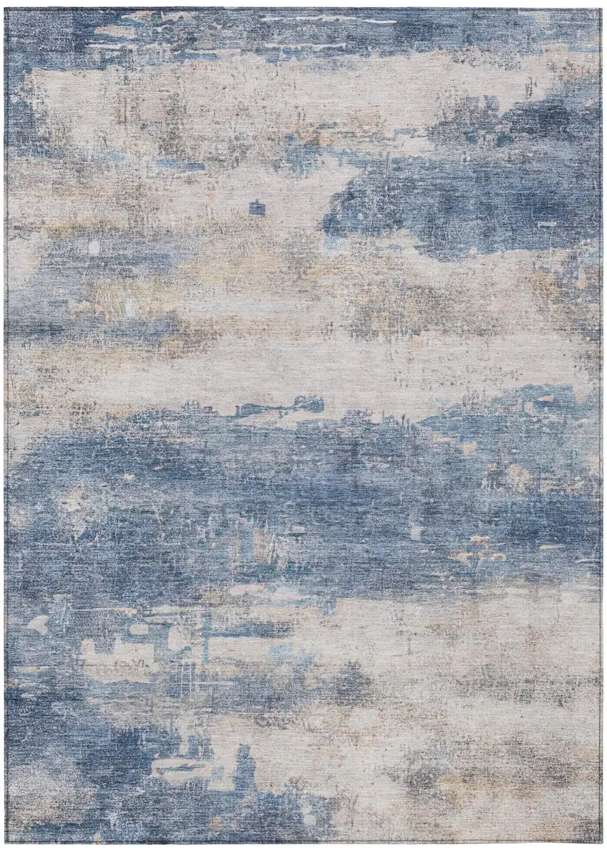 Blue And Silver Abstract Washable Indoor Outdoor Area Rug Photo 3