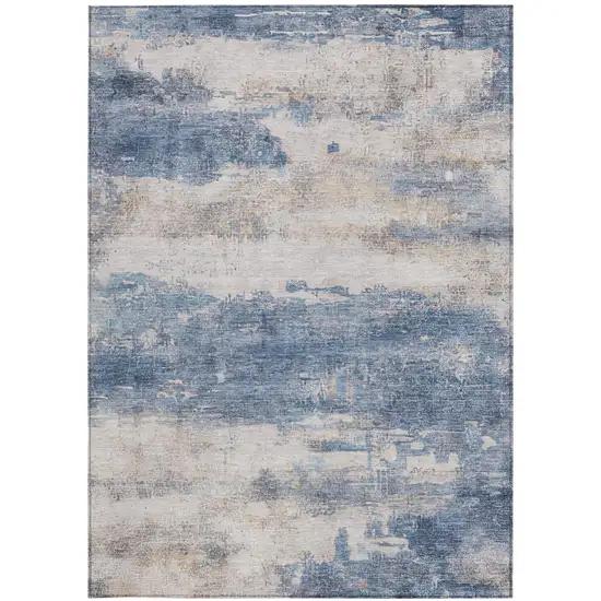 Blue And Silver Abstract Washable Indoor Outdoor Area Rug Photo 1