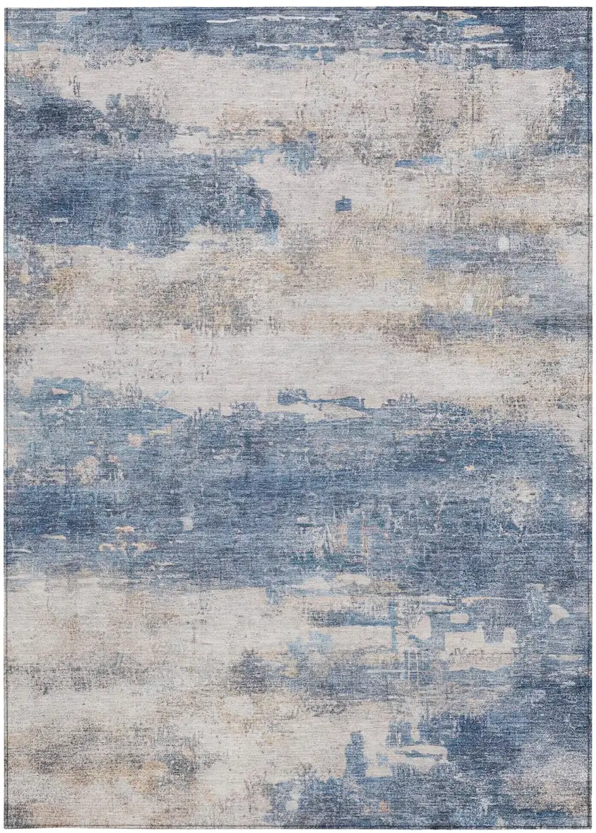 Blue And Silver Abstract Washable Indoor Outdoor Area Rug Photo 1