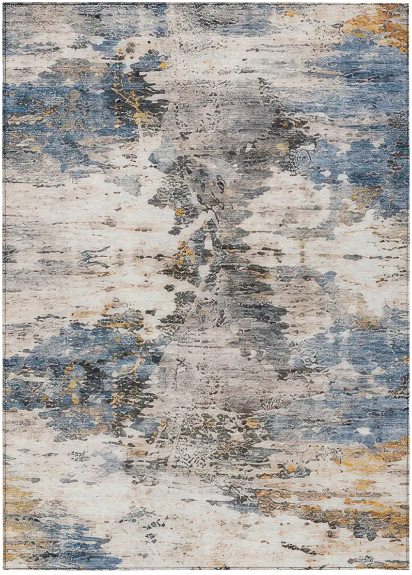 Blue And Silver Abstract Washable Indoor Outdoor Area Rug Photo 3