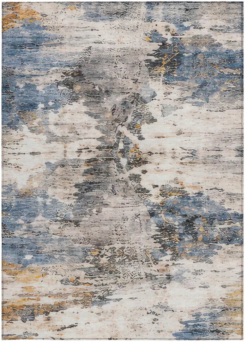 Blue And Silver Abstract Washable Indoor Outdoor Area Rug Photo 2
