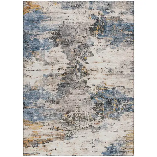 Blue And Silver Abstract Washable Indoor Outdoor Area Rug Photo 2